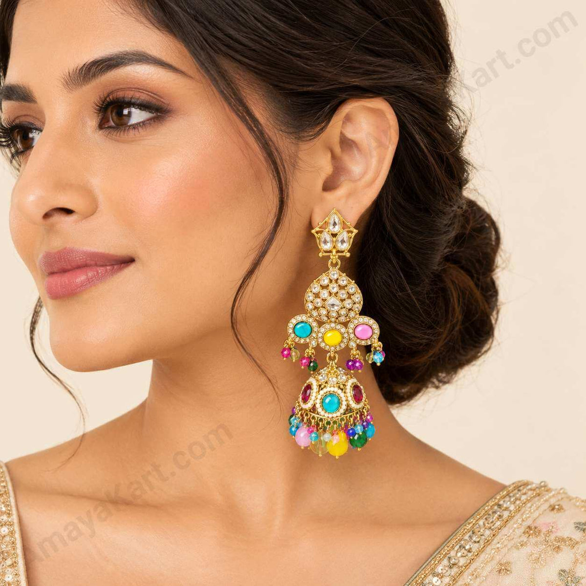 Gold-Tone Multicolour Traditional Jhumka Earrings for Women - Wedding & Festive Wear