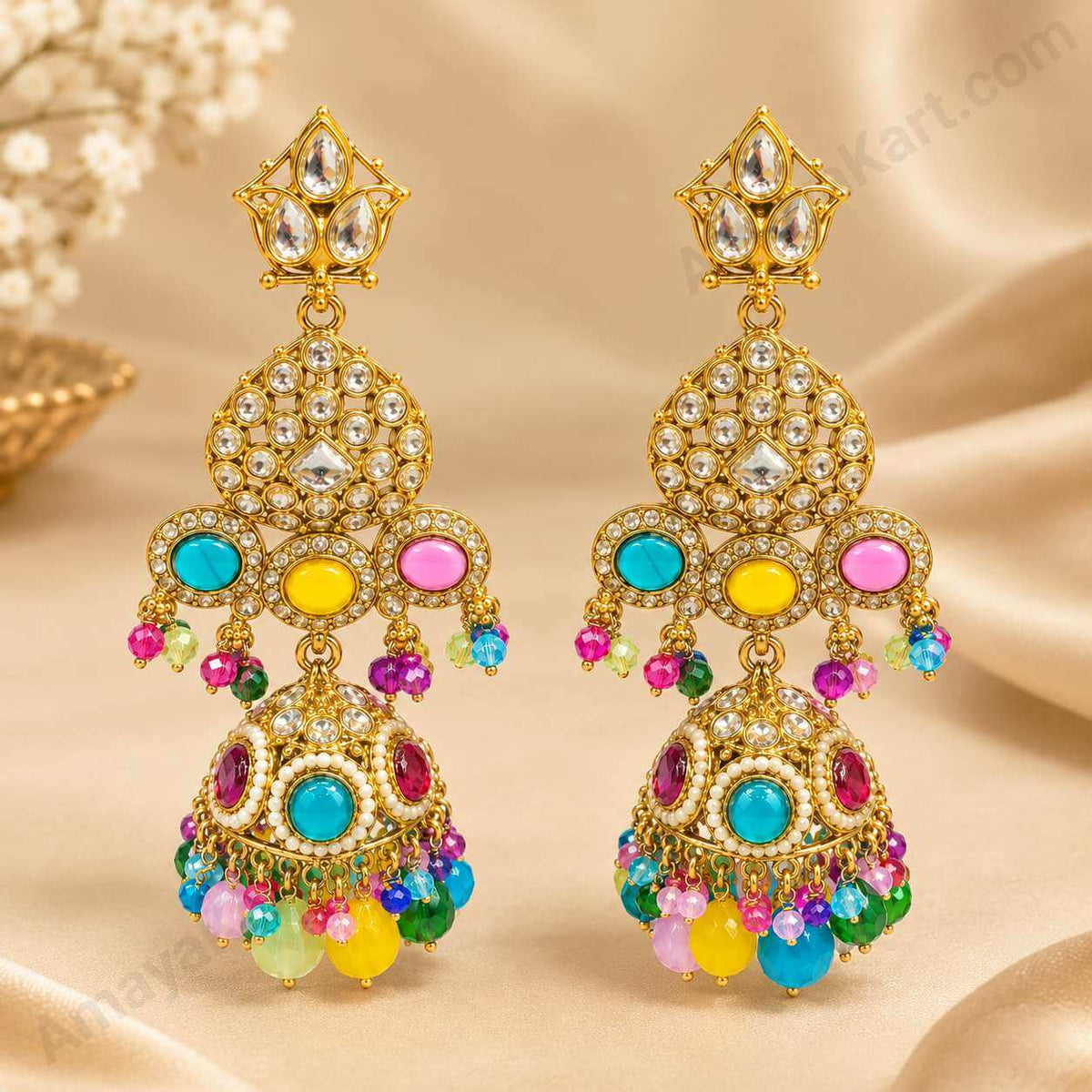 Gold-Tone Multicolour Traditional Jhumka Earrings for Women - Wedding & Festive Wear