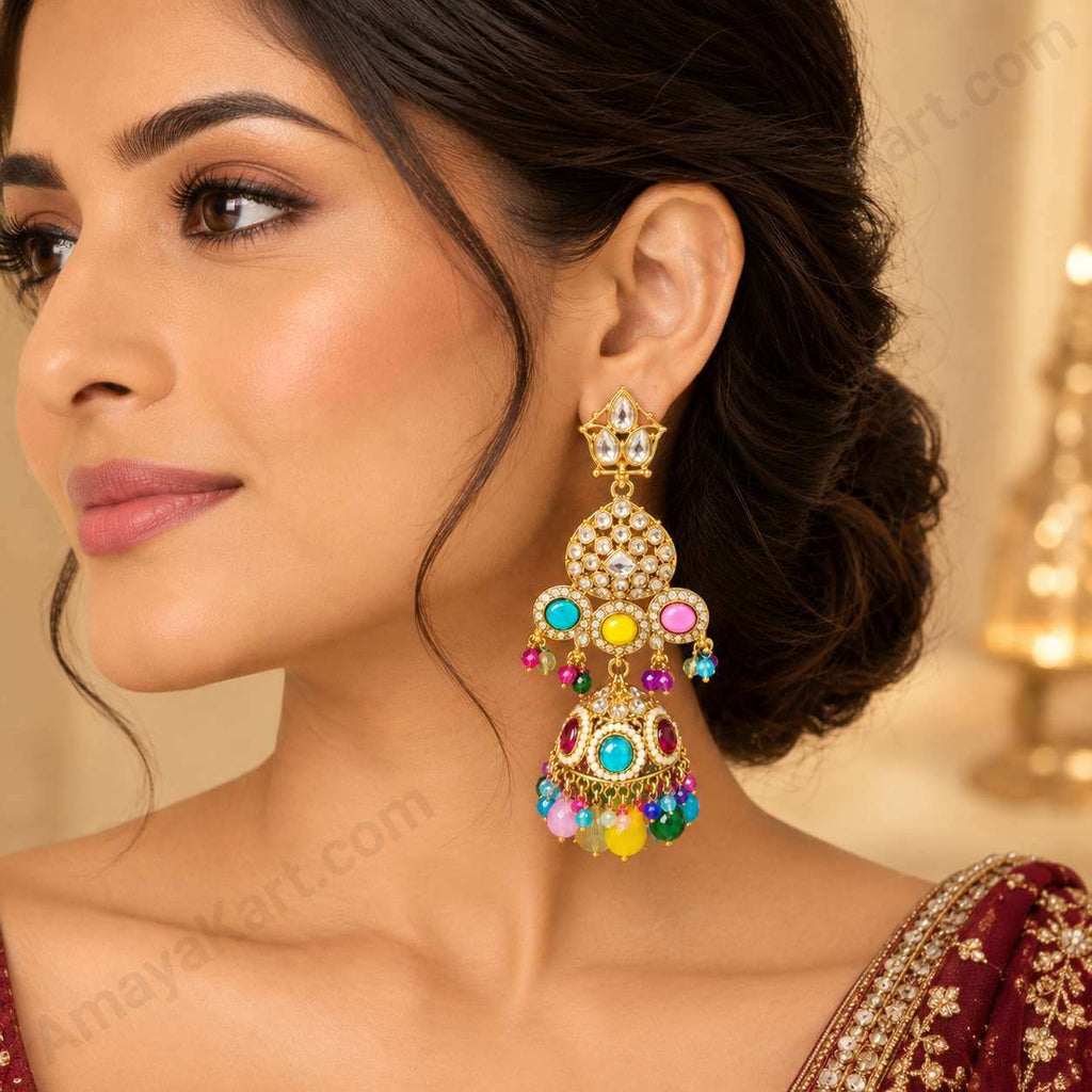 Gold-Tone Multicolour Traditional Jhumka Earrings for Women - Wedding & Festive Wear