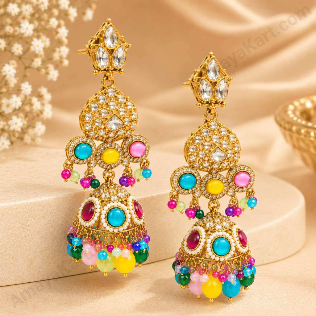 Gold-Tone Multicolour Traditional Jhumka Earrings for Women - Wedding & Festive Wear